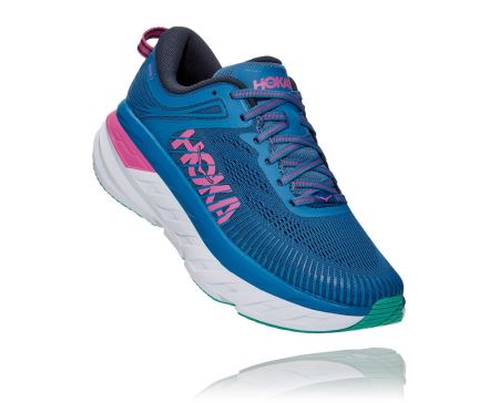 Hoka One One Bondi 7 - Tenis Corrida Estrada Mulher Azuis / Rosa | PT-HzBJ7ia